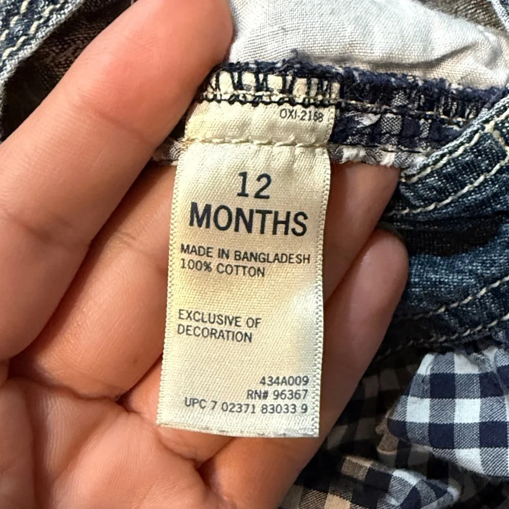 OshKosh 100% Cotton Navy Blue Plaid Tiered Bottom Denim Overall Dress Size 12 M
